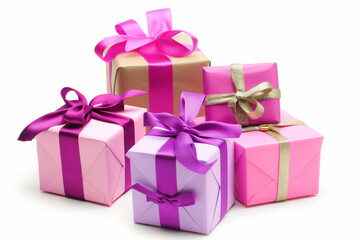 Fototapeta premium Festive gift boxes decorated with shiny bows isolated on white background