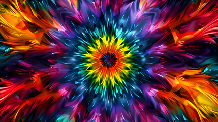 Vibrant hues of rainbow fractal tie dye melting colors blend together with high contrast lines, creating a 