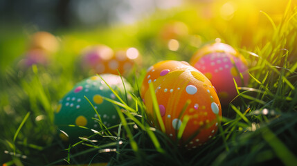 Colorful Easter eggs hidden in grass background