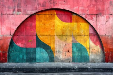 A vibrant graffiti wall with geometric shapes in bold red, yellow, and green against a grungy...