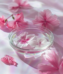 Obraz na płótnie Canvas Close-up of facial serum and floral petals in Petri dish. Scientific research concept. 