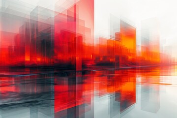 An urban abstract with translucent red blocks, conveying depth and movement through blurred edges and reflections.