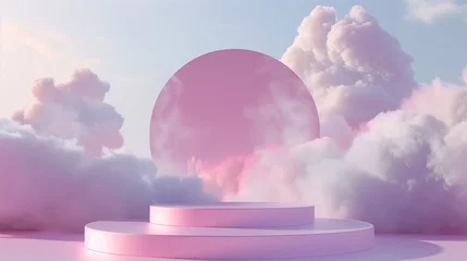 Fotobehang Background with pink podium. The sky platform with pastel clouds. Generated by artificial intelligence. © Ailee Tian