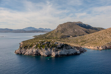 aerial full view of Cala Greca Capo Figari Golfo Aranci from the sea