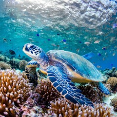 Obraz na płótnie Canvas blue tortoise swimming in the ocean over coral reef