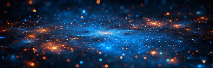 Abstract blue background with highlights and bokeh, reminiscent of frosty winter air or a starry sky.
Concept: background for events related to cold, space or the magic of winter. Banner, copy space