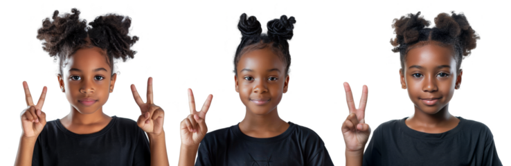 Portrait Collection of young black girl in black shirt with peace sign hand pose isolated on a white background as transparent PNG
