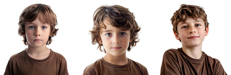 Portrait Collection of young boy with brown shirt with a curious face isolated on a white...