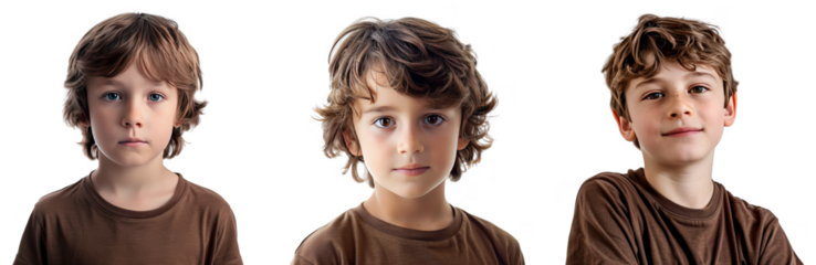 Portrait Collection of young boy with brown shirt with a curious face isolated on a white background as transparent PNG
