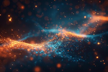 Fototapeta na wymiar A dreamlike visual of glowing orange and blue particles in space, resembling a cosmic nebula or starry sky.