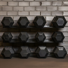 Hexagonal Cast Iron Dumbbells Assortment Sorted by Weight in a Modern Gym Setting - Fitness and Strength Training Concept