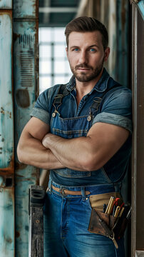 A specialist electrician stands with his arms crossed and leaning against the wall, looking into the camera, the concept of a vertical portrait for Labor Day, the traditions and hard work of builders