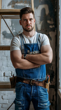 Vertical portrait of a construction worker installer for Labor Day, idea for a poster or article