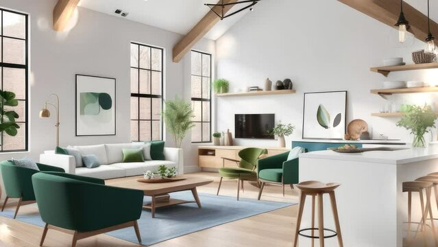 3d rendering. new modern scandinavian loft apartment. 