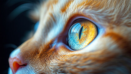 Close up view of cat's eye. Pet or pets cat macro video. Textured fur. Macro. Eyeball of kitty, feline or kitten macrophotography. Close-up view of cat animal head. - Powered by Adobe