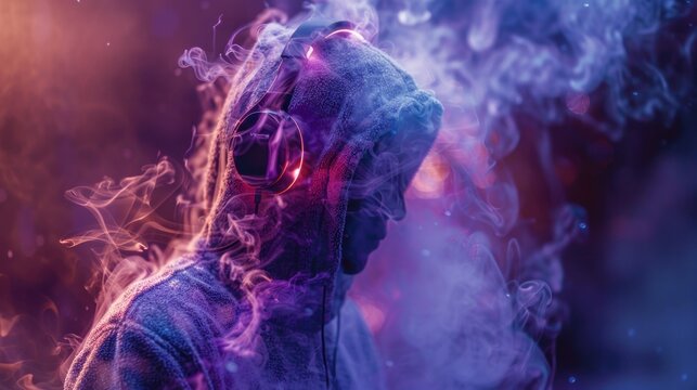 A full-length photograph of a human figure made from smoke. Wearing a purple hoodie and headphones. There are blue and purple lights.