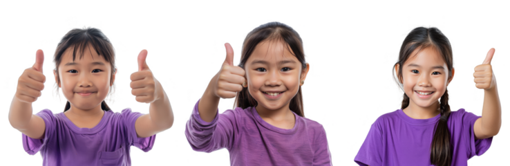 Portrait Collection of young asian girl in purple shirt with thumbs up hand pose isolated on a white background as transparent PNG
