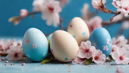 Happy easter! Stylish Easter eggs and flowers lay on a blue background. Modern natural dyed colorful eggs and cherry blossom border. Greeting card template, Easter background. Place for text