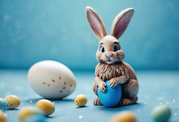 Fototapeta na wymiar Happy Easter! Easter bunny with an egg on a blue background. Easter figurine of a bunny with an Easter egg for the Easter holiday. Banner, postcard for Easter.