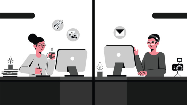 An illustration depicting two people working on their computers from two different parts of the world. The person. Vector Illustration