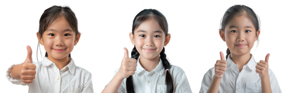 Portrait Collection of young asian girl in white shirt with thumbs up hand pose isolated on a white background as transparent PNG
