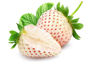 Two ripe pineapple white strawberries with leaf, one of which is cut, isolated on a transparent background.