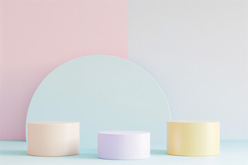 Set of abstract 3D pastel colored cylinder pedestal podiums. Collection of minimalist wall scenes in pastel tones. Modern 3D rendering platform for product display presentations.