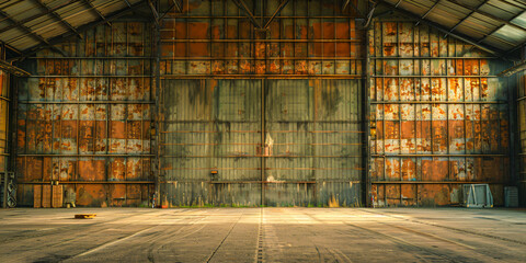Vintage Metal Doors on an Industrial Building, Rustic and Weathered Warehouse Entrance - obrazy, fototapety, plakaty