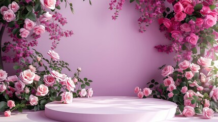 Background with podium and flower rose. Floral summer background podium. Generated by artificial intelligence.