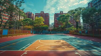 Basketball court in the middle of the city