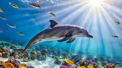Underwater Magic: A majestic dolphin dances through a sun-dappled ocean, surrounded by a vibrant tapestry of tropical fish. Sunlight shimmers on its sleek body, creating a mesmerizing. generative AI