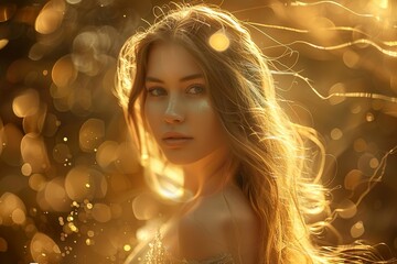 Eine göttliche, schöne Frau mit langen Haaren im goldenen Sonnenlicht