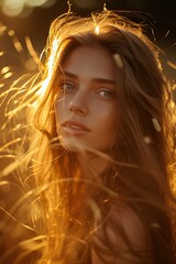 Eine göttliche, schöne Frau mit langen Haaren im goldenen Sonnenlicht - obrazy, fototapety, plakaty