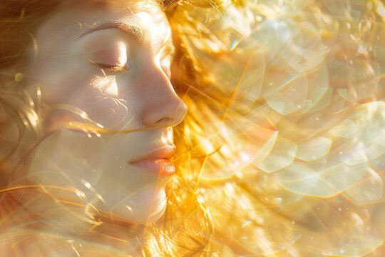 Eine g&ouml;ttliche, sch&ouml;ne Frau mit langen Haaren und geschlossenen Augen im goldenen Sonnenlicht