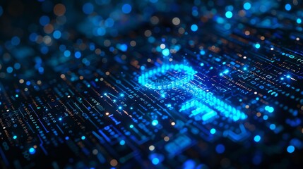 Obraz premium Abstract digital background with blue glowing key symbol and binary code on dark hologram computer screen