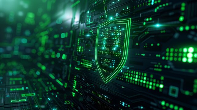 Abstract digital background with green glowing shield symbol and binary code on dark hologram computer screen