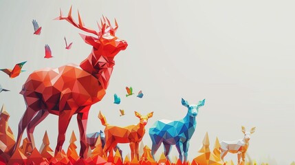 Abstract low poly background presents geometric animals in colorful ecosystem