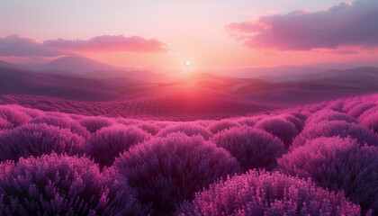 asymmetrical, minimalistic abstract design that mimics a lavender field at dusk. 