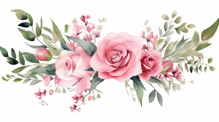 Watercolor flower bouquets clipart illustration and rose floral branch with green leaves for greeting card or wedding invitation card on white background - obrazy, fototapety, plakaty