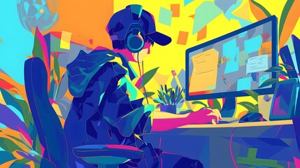 Illustration of a person working hard in front of the computer. Depict a full of tasks environment.