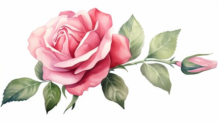 Watercolor pink rose flower clipart illustration and rose floral branch with green leaves on white background