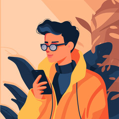 Vector illustration of a young man in a yellow raincoat with a phone in his hands.