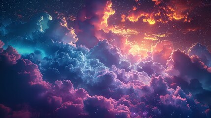 Beautifully illuminated night sky with colorful clouds and glowing stars - obrazy, fototapety, plakaty