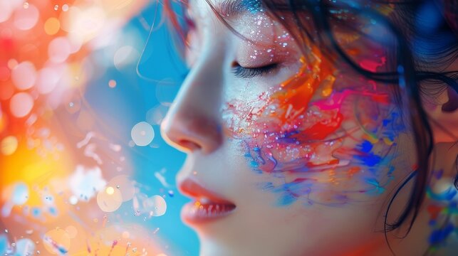Beautiful Japanese woman creating vibrant abstract painting