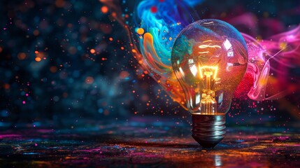 Bright light bulb with swirling, colorful energy
