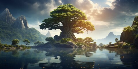 Fantasy landscape with a big tree on the lake. 3d rendering