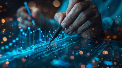 Businessman drawing growth graph and line chart with data, stock market theme background