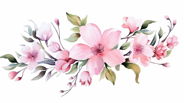 Watercolor cherry blossom branch and Sakura cherry pink flower illustration isolated on white background