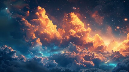 Cinematic and realistic fantasy sky featuring fluffy, glowing clouds under stars - obrazy, fototapety, plakaty