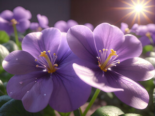 Sunlit Jewel: A delicate violet bathed in sunlight reveals the translucent beauty of its petals, a tiny treasure shimmering with nature's charm. generative AI